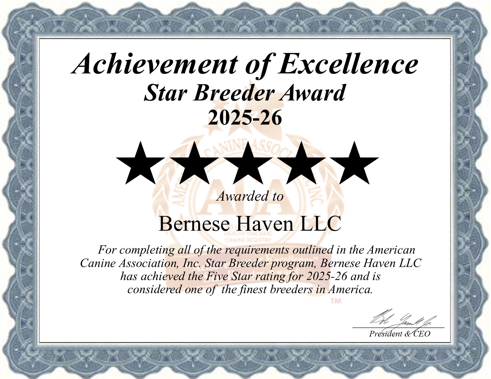 Bernese Haven, LLC, dog, breeder, star, certificate, Bernese Haven-LLC, Bird In Hand, PA, Pennsylvania, puppy, dog, kennels, mill, puppymill, usda, 5-star, aca, ica, registered, Bernese Mountain Dog